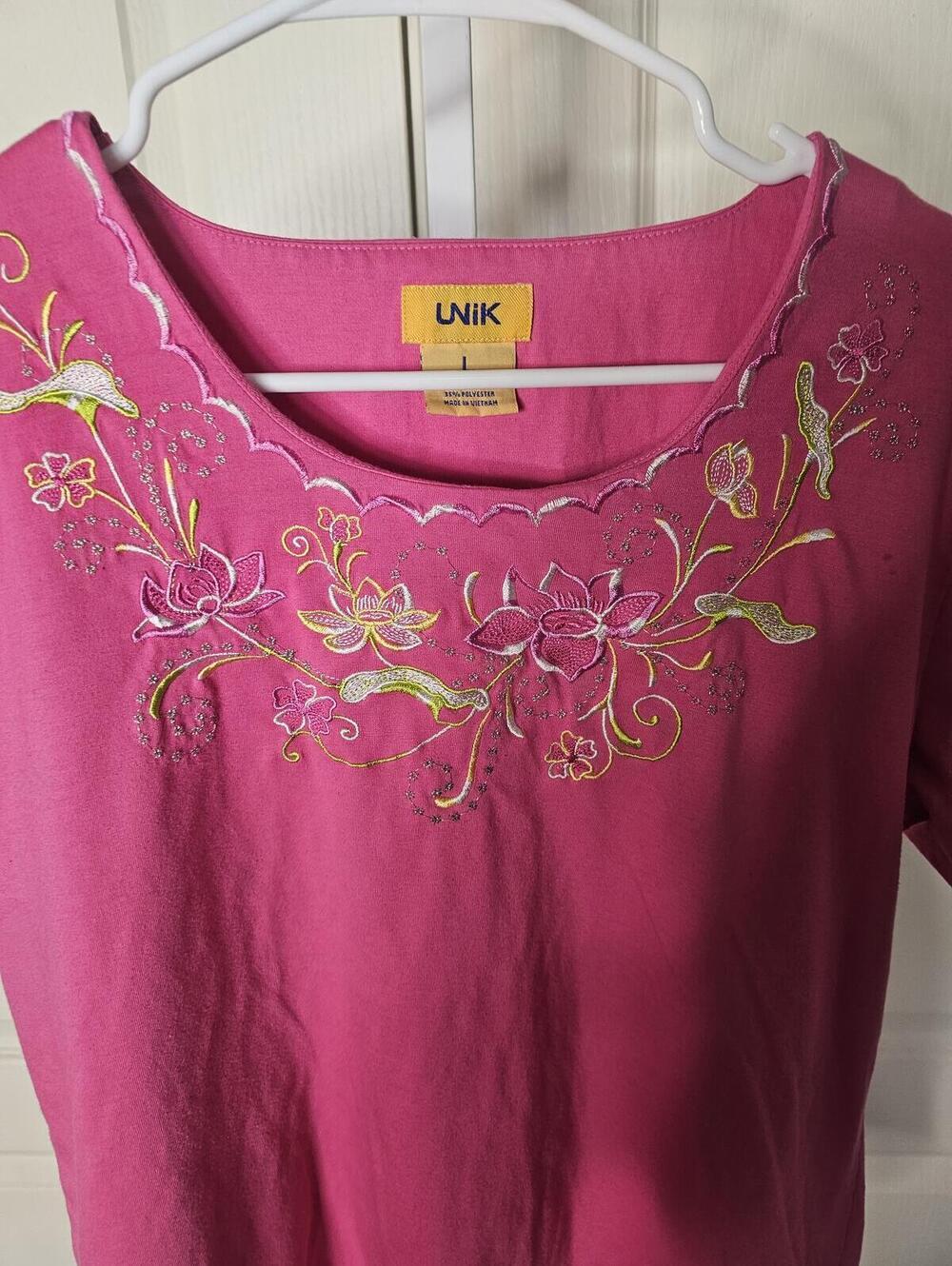 UNIK Pink Embroidered Floral Short Sleeve Shirt Large - Picture 4 of 5